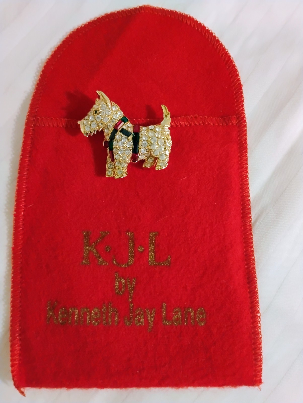 Kenneth Jay Lane Dog Brooch Gold Tone Crystal Metal Pin Signed