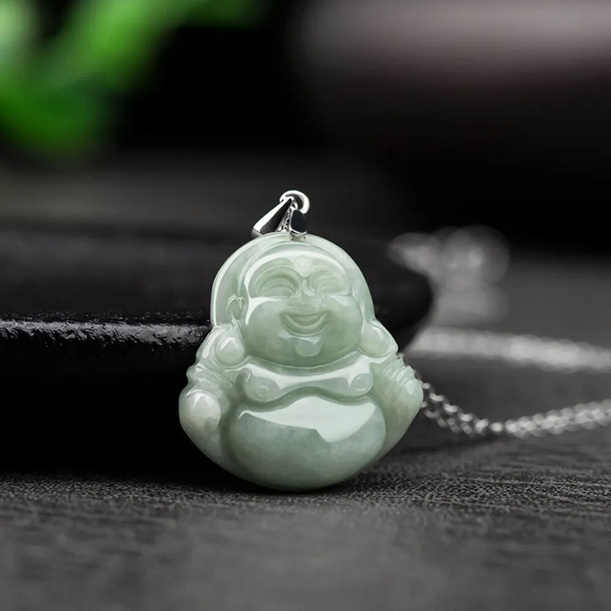 Natural Jadeite Green Jade Handcarve Maitreya Buddha Pendant Necklace Link Chain