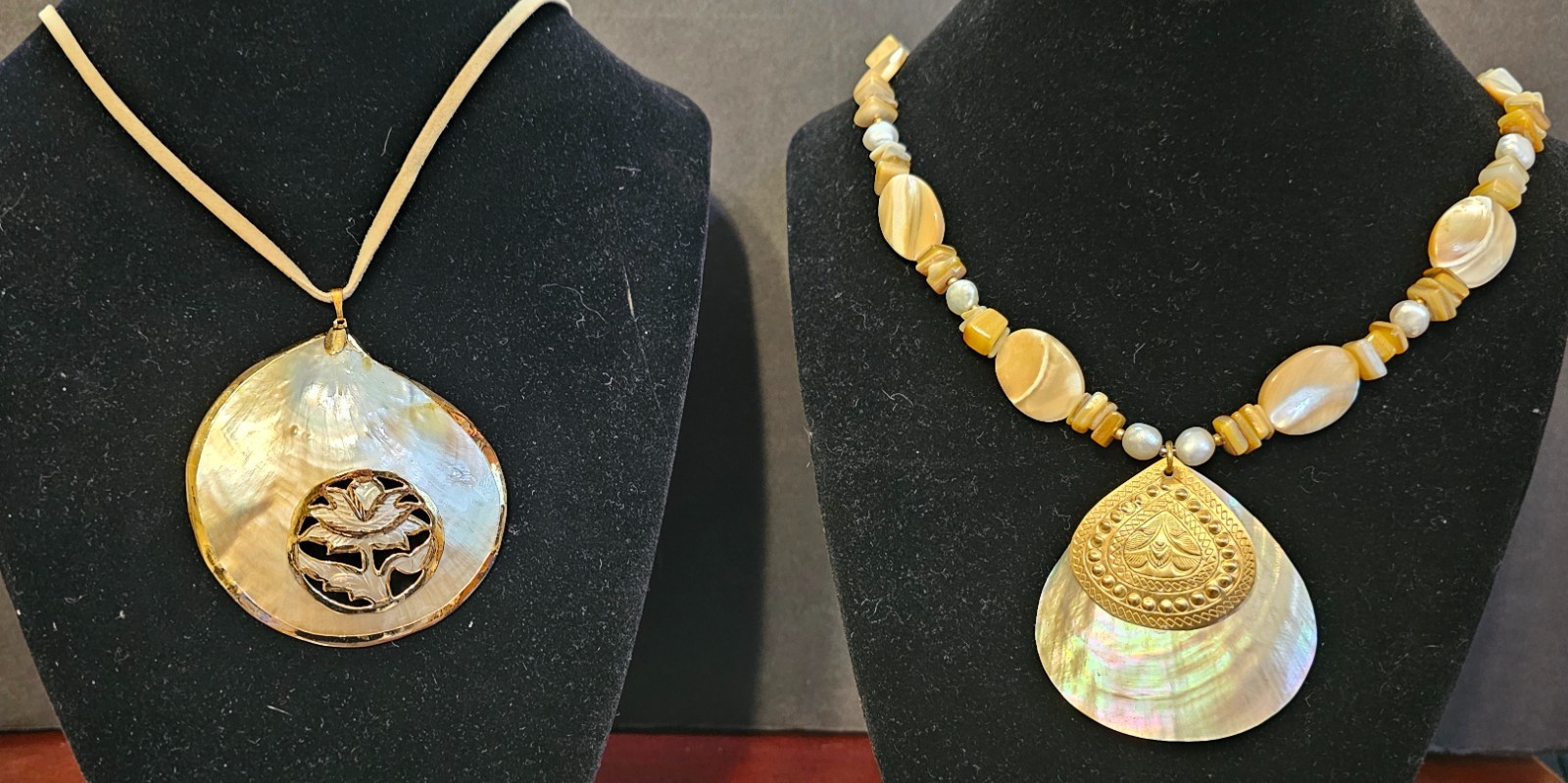 2 Large Mother of Pearl Seashell Necklaces w/Carved, Gilded & Stamped Components