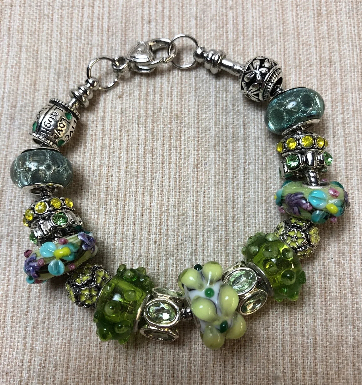European Charm Bracelet Yellow Green Lavender Flowers Lobster Clasp