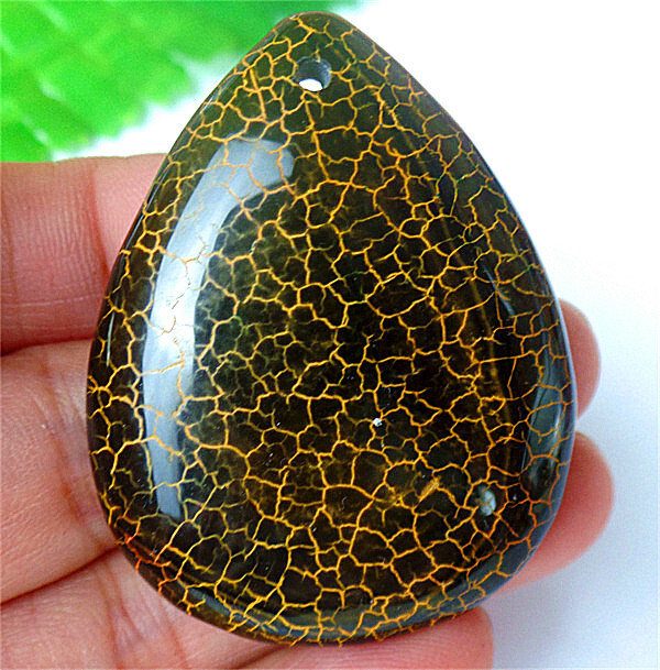 47x37x7mm Yellow&Black Fire Dragon Veins Agate Teardrop Pendant Bead BY9153