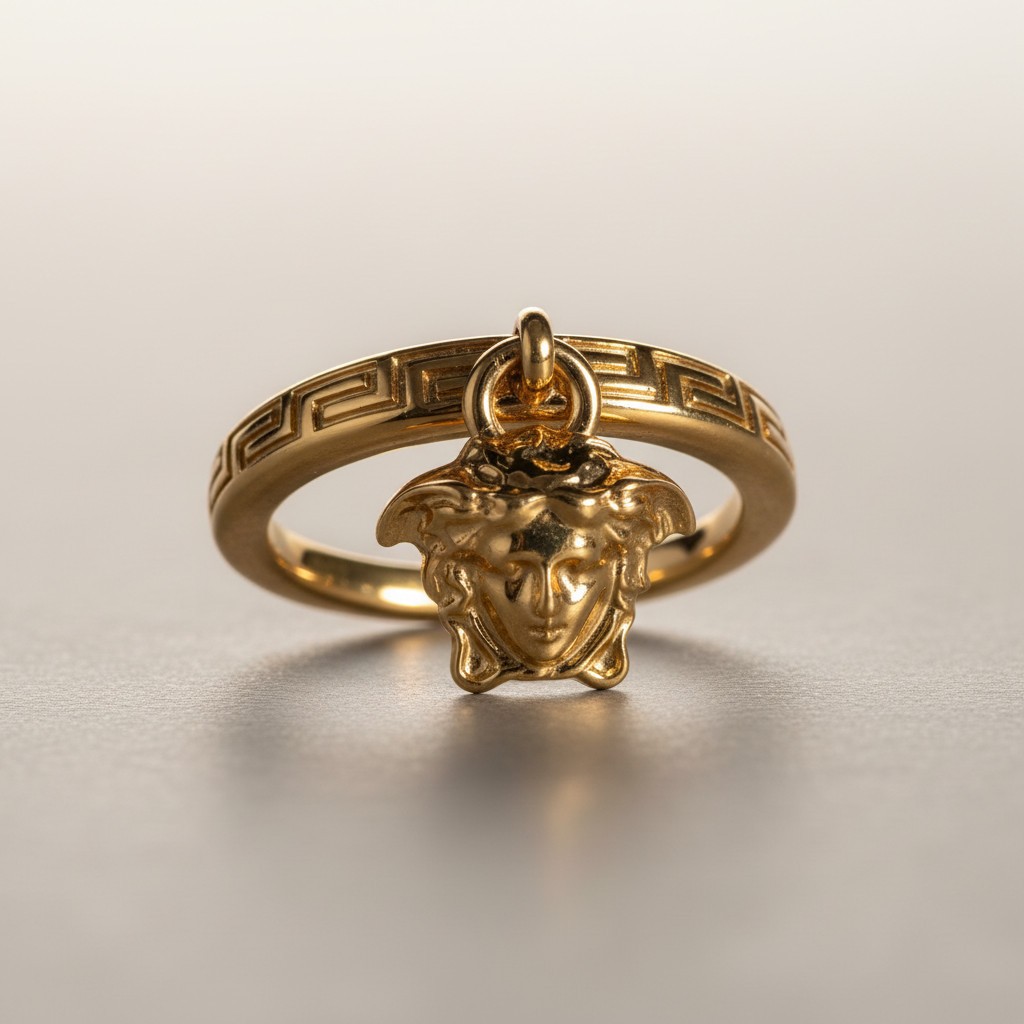 NWT Versace Greca Gold Tone Medusa Charm Ring Light Gold Authentic