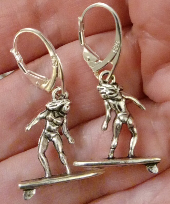 925 Sterling Silver Filled Surfer Bikini Girl Surf Board Charm Lever Earrings