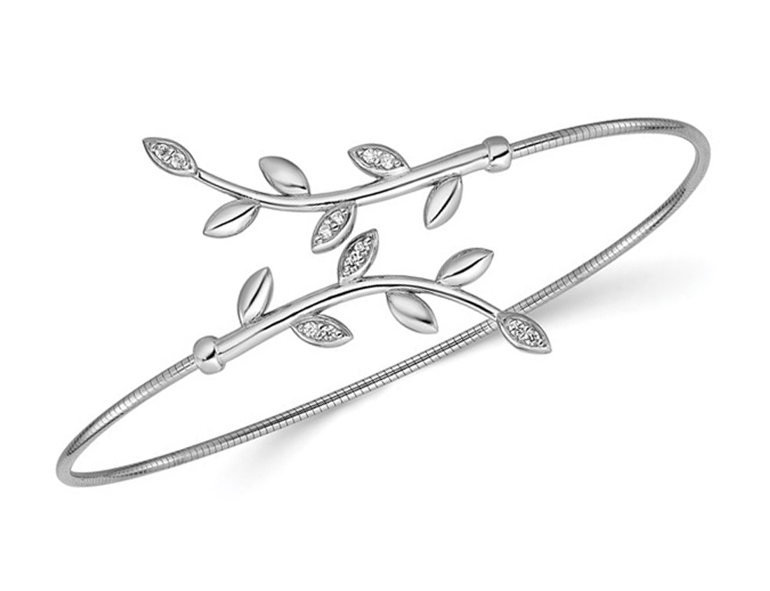 Stering Silver Leaf Flexible Cuff Bangle Bracelet with Synthetic Cubic Zirconias