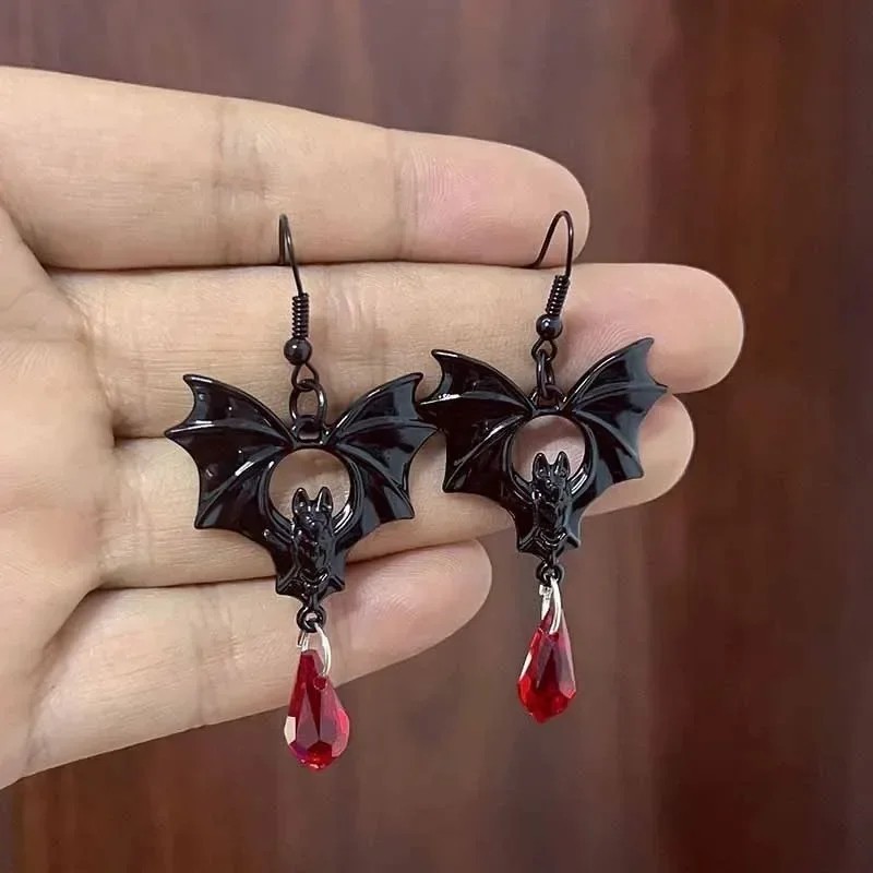 Black Bat Dangle Drop Earrings Red Teardrop Gothic Halloween Fashion Jewelry