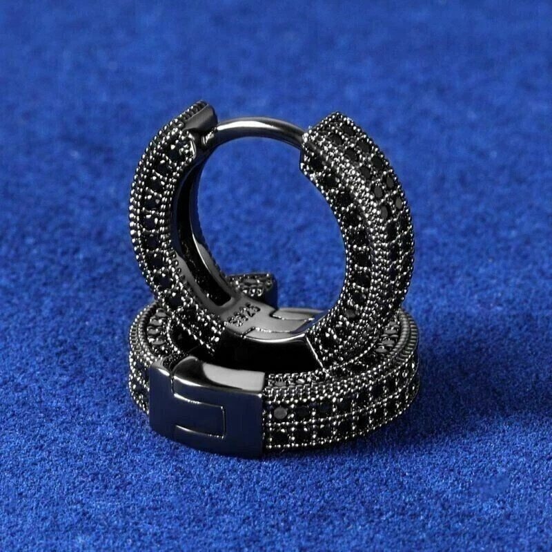 Women & Men 2Ct Simulated Black Diamond Huggie Hoop Earring 14KBlack Gold Plated