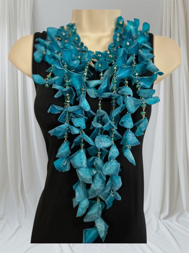 Aqua Turquoise Color Fish Scale Cascade Bib Statement Necklace