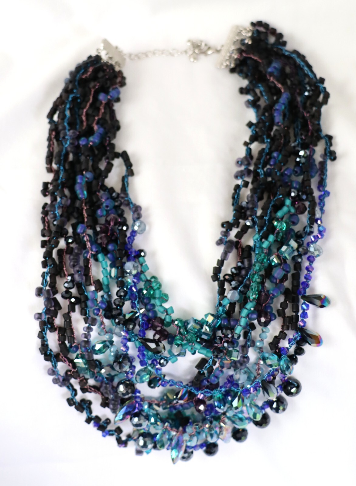 Multi-Strand Blue Black & Multicolor Crystal & Seed Bead Necklace 21-24″