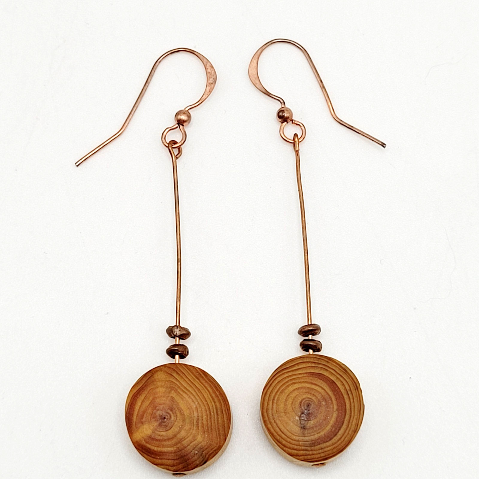 Artisan Handcrafted Round Wood Slice Drop Earrings Long Copper Wire Tree Ring