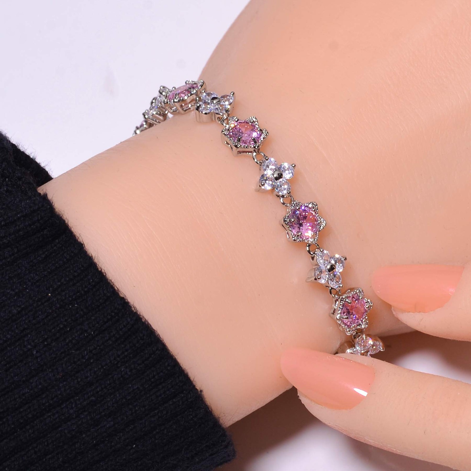 Pink Rose Quartz & Cubic Zirconia 925 Sterling Silver Tennis Bracelet 8.99″ B44