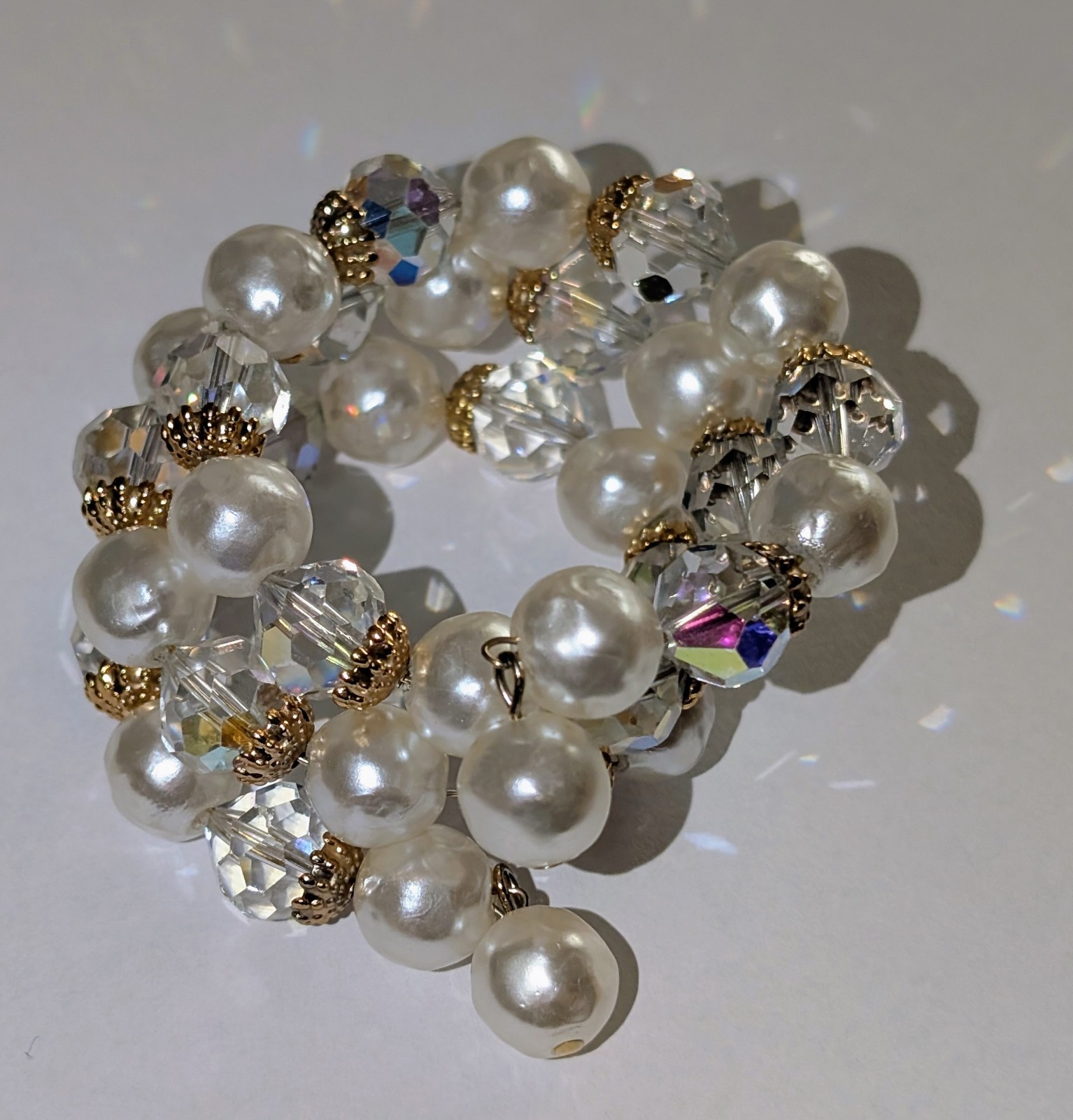 Handmade Faux Pearl & Crystal Sparkle Beaded Wrap Bracelet White And Gold Tone