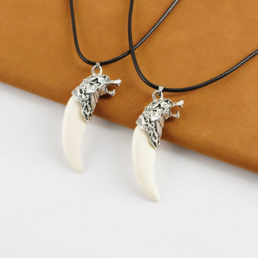 White Wolf Tooth Pendant Necklace Rope Chain Animal Amulet Jewelry
