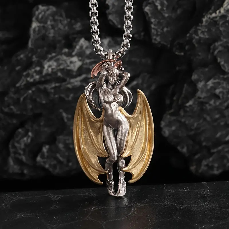 Demon Posing Jewelry Silvery 3-Tone Sexy Winged Goddess Pendant Necklace