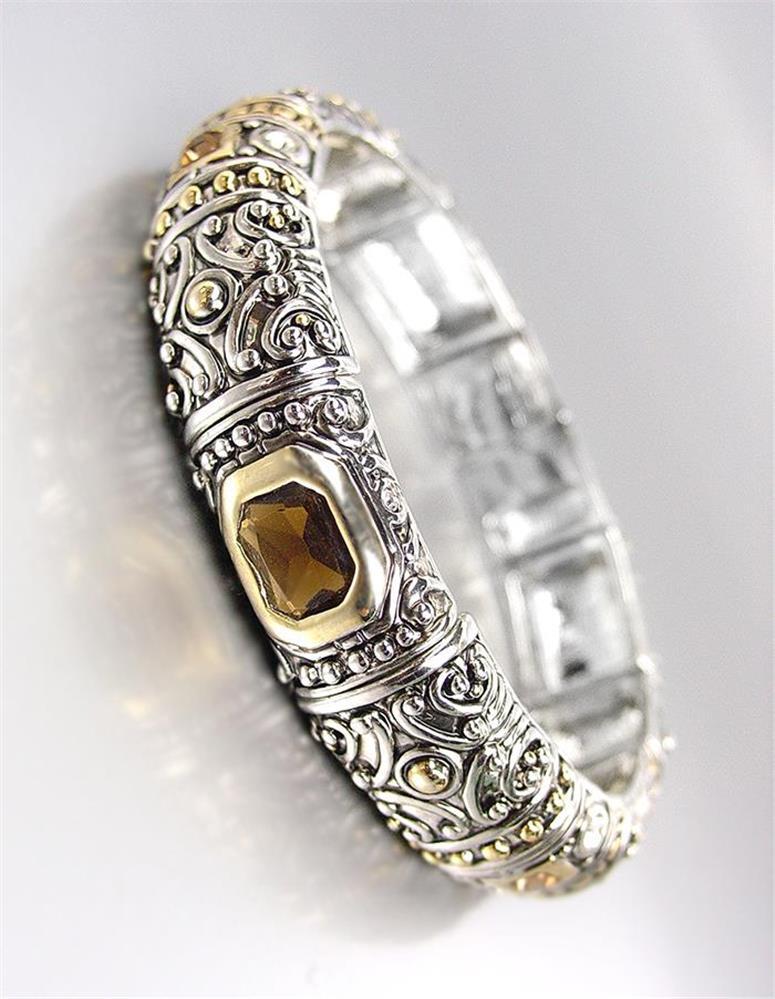 NEW Designer BALINESE Silver Gold Filigree Smoky Brown Crystals Stretch Bracelet