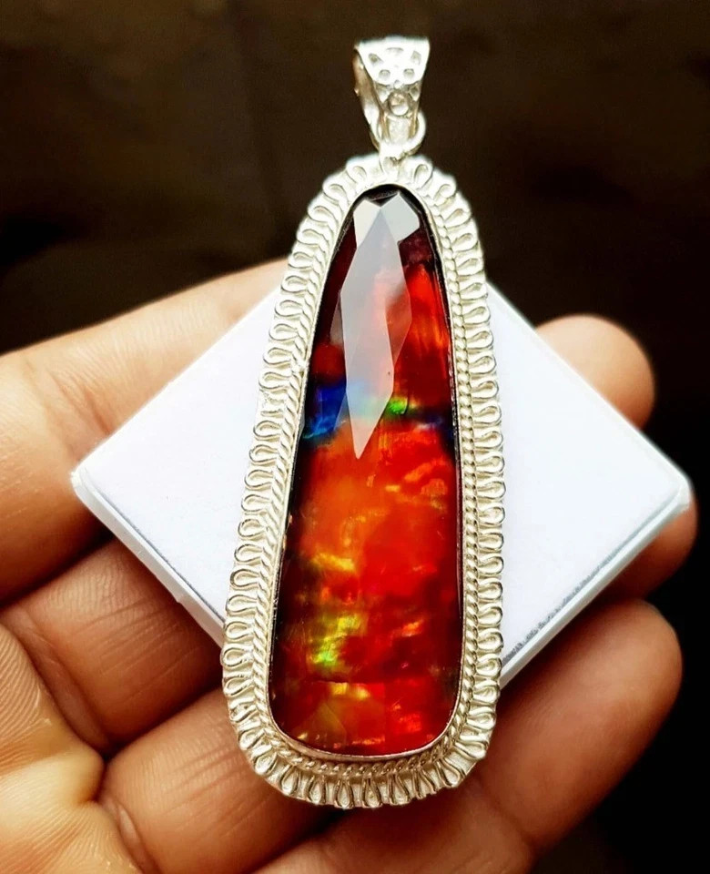 Certified 87.85 Ct Natural Ammolite 925 Solid Silver Fancy Cut Pendant Gemstone