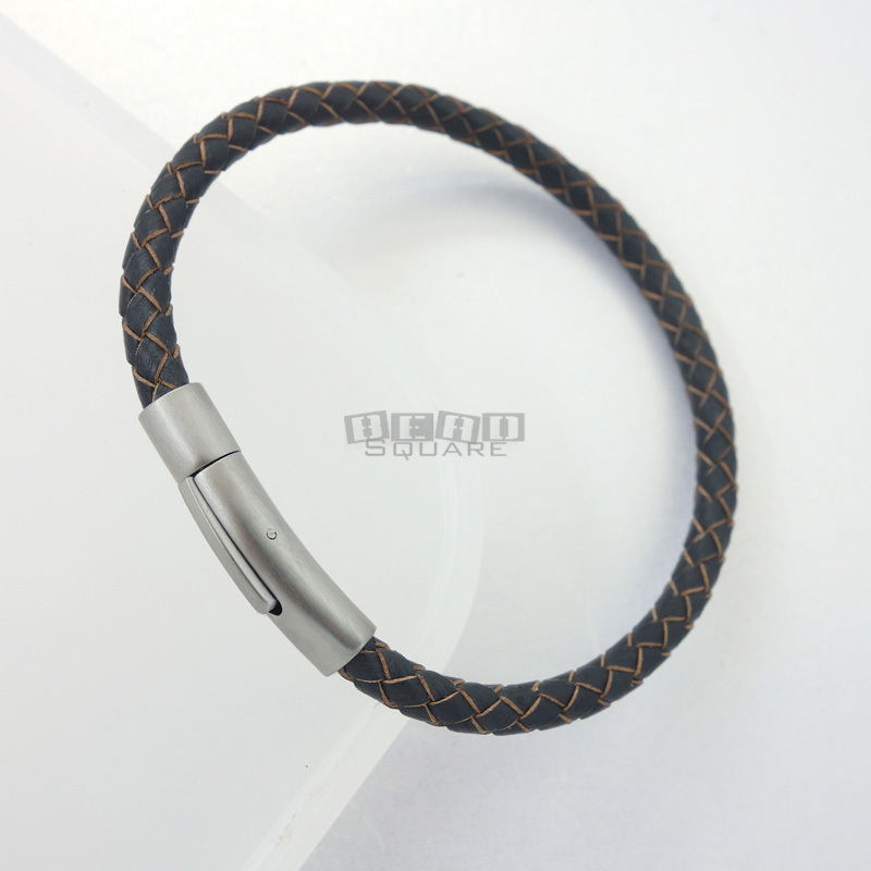 5mm Dark Gray Braided Genuine Leather Satin Stainless Steel Bangle [7″/8.5″]