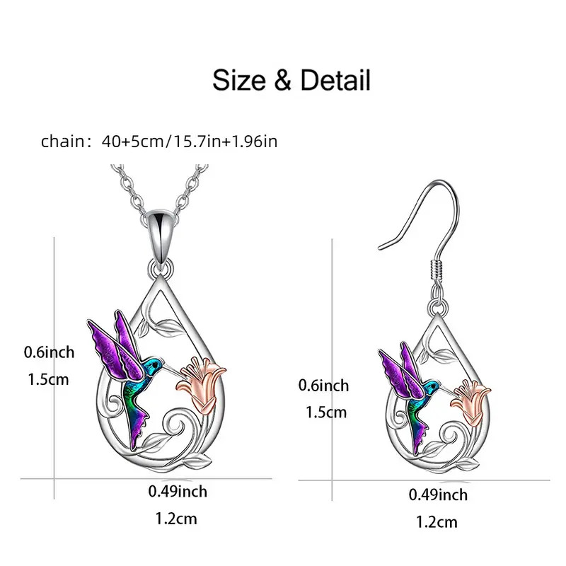 3 PCS Set Hummingbird Waterdrop Earrings Pendant Necklace Bird Flower Purple New