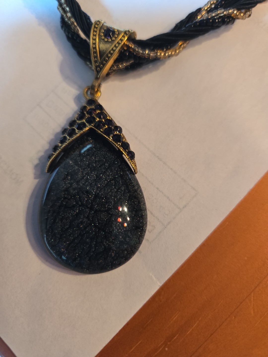 Designer Black/Grey Beaded Gemstone Pendant Necklace