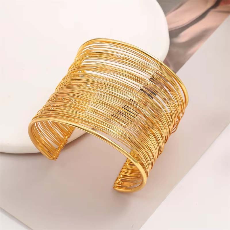 Wide Wire Cuff Bracelet Women Gold Tone Open Bangle Layered Metal Fashion Jewelr