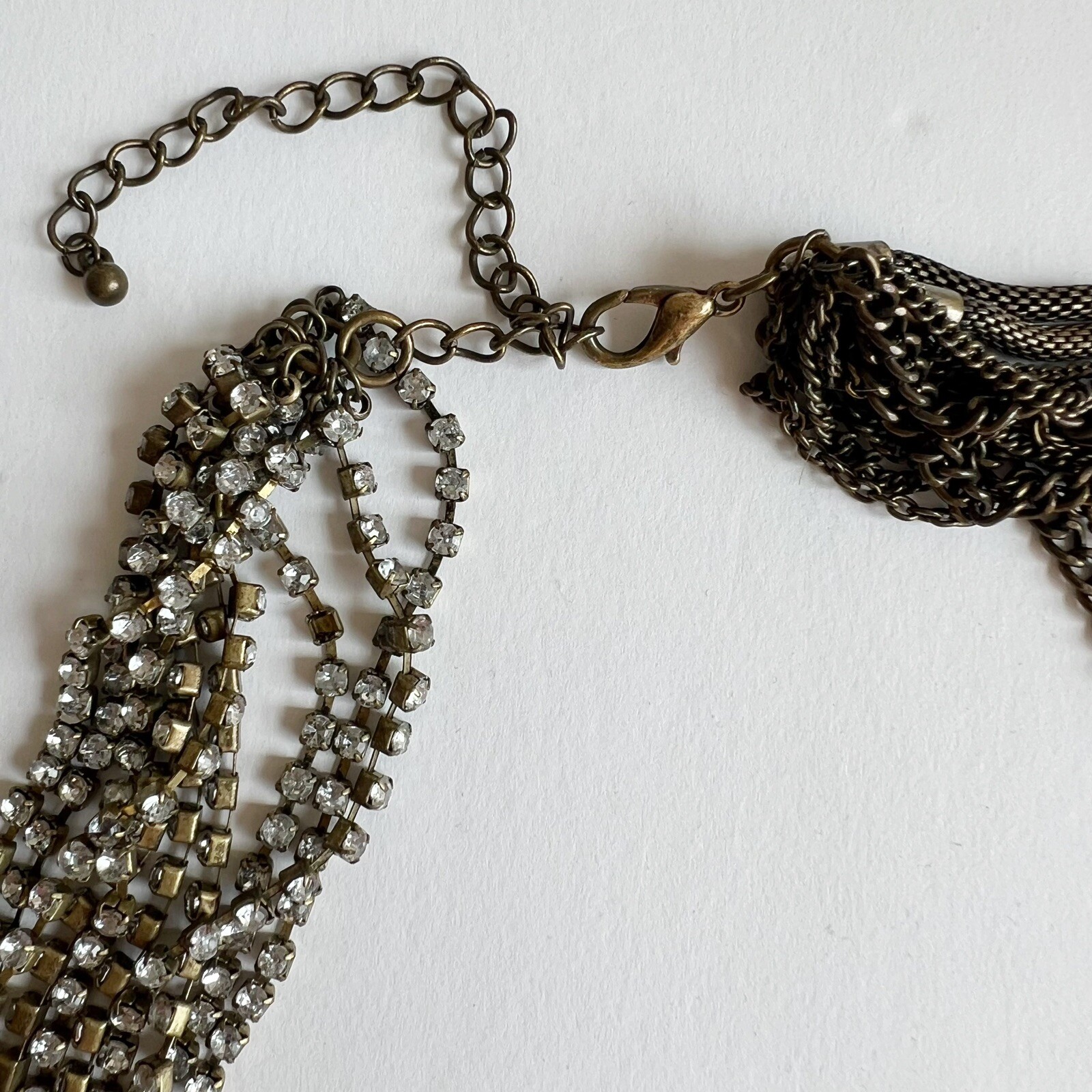 Multi layer chain rhinestone statement necklace brass gold