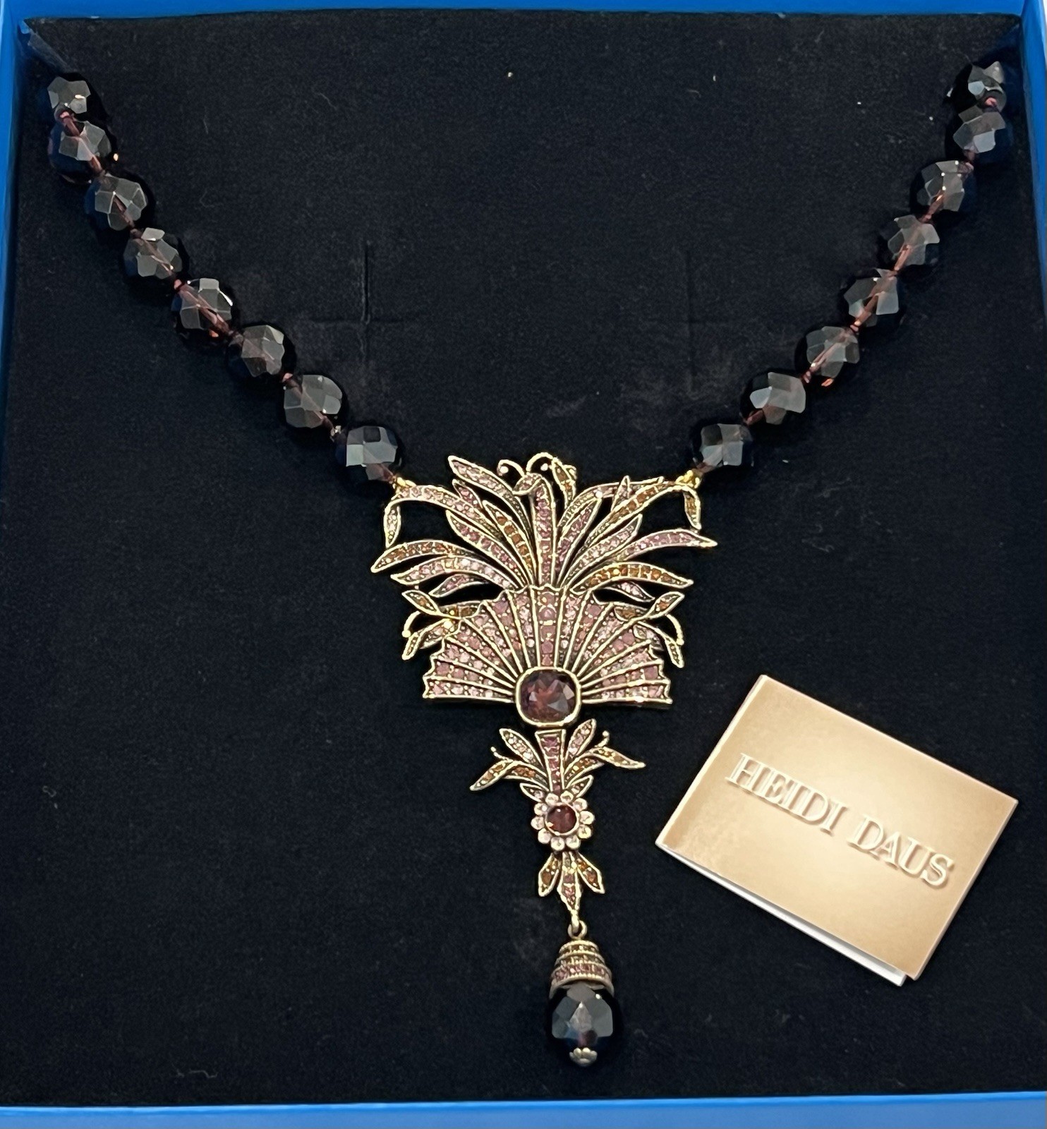 NIB Heidi Daus Lovely Fan Beaded Crystal Art Deco Bib Necklace Burgundy