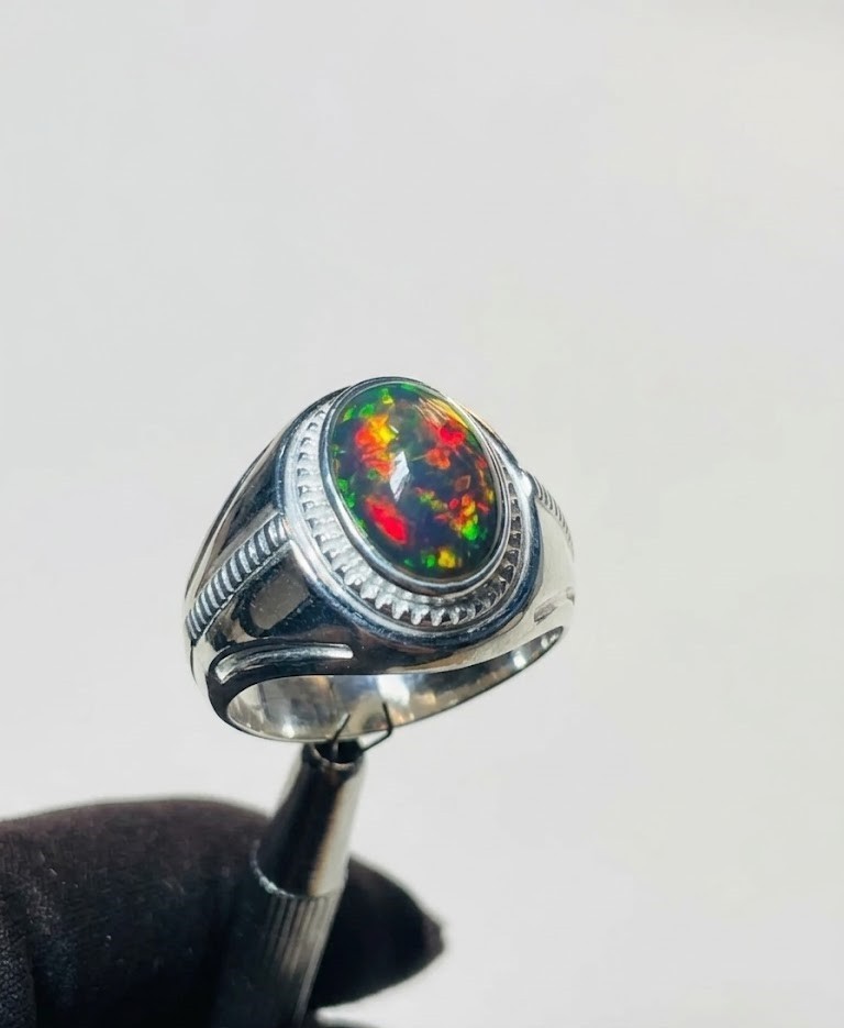 Natural Black Fire Opal Men’s Sterling Silver Ring, Oval Cabochon Statement Ring