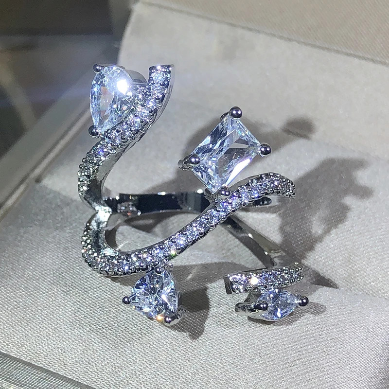 Sterling Silver Snake Ring Simulated Zirconia Winding Cocktail Women Jewelry