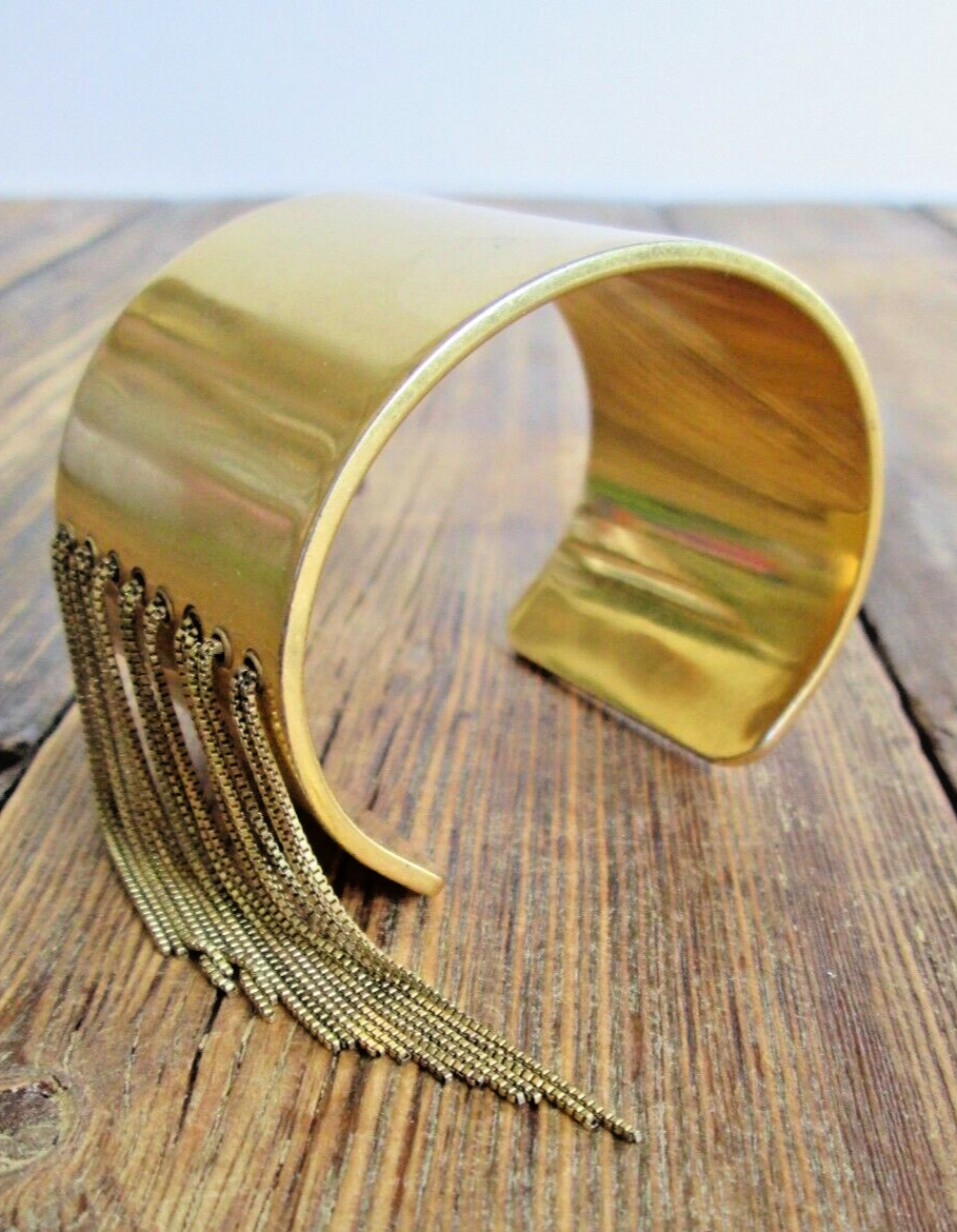 Gold Cuff Bracelet 1 1/2″ Wide Open Bangle Tassel Chain Classy Simple Statement
