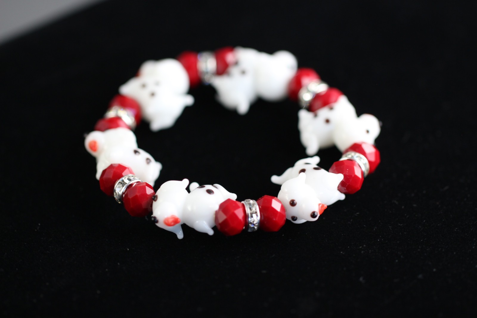 Dog Lampwork Bracelet 7″ Elastic Glass Beads Red Crystal White Polka Dot