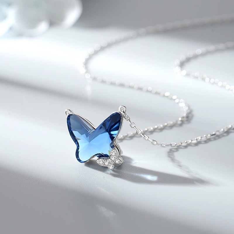 925 Sterling Silver Butterfly Pendant Necklace For Women Inlaid Crystal CZ