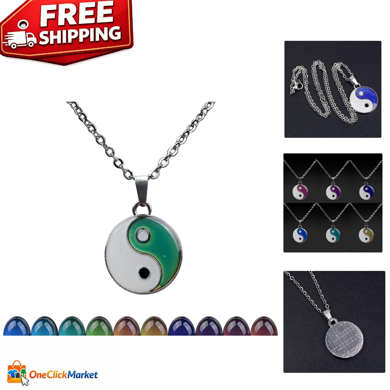 19.29″ Stainless Steel Rolo Chain with Color Changing Yin Yang Pendant Necklace