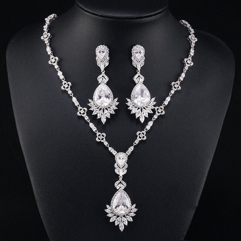 Wedding Jewelry White Gold Plated CZ Necklace and Earrings Bridal Jewelry Set