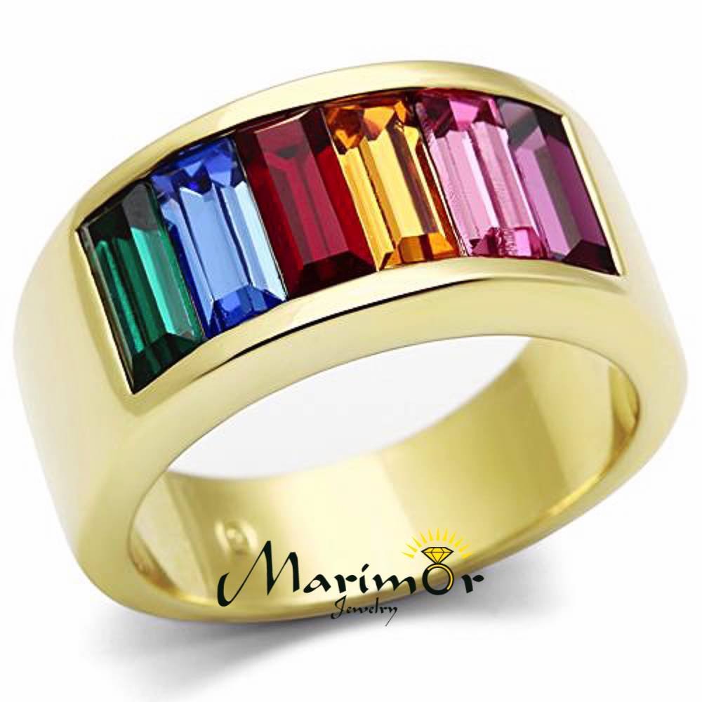 Stainless Steel 14k Gold Ion Plated Baguette Rainbow Ring Women’s Sizes 5-10