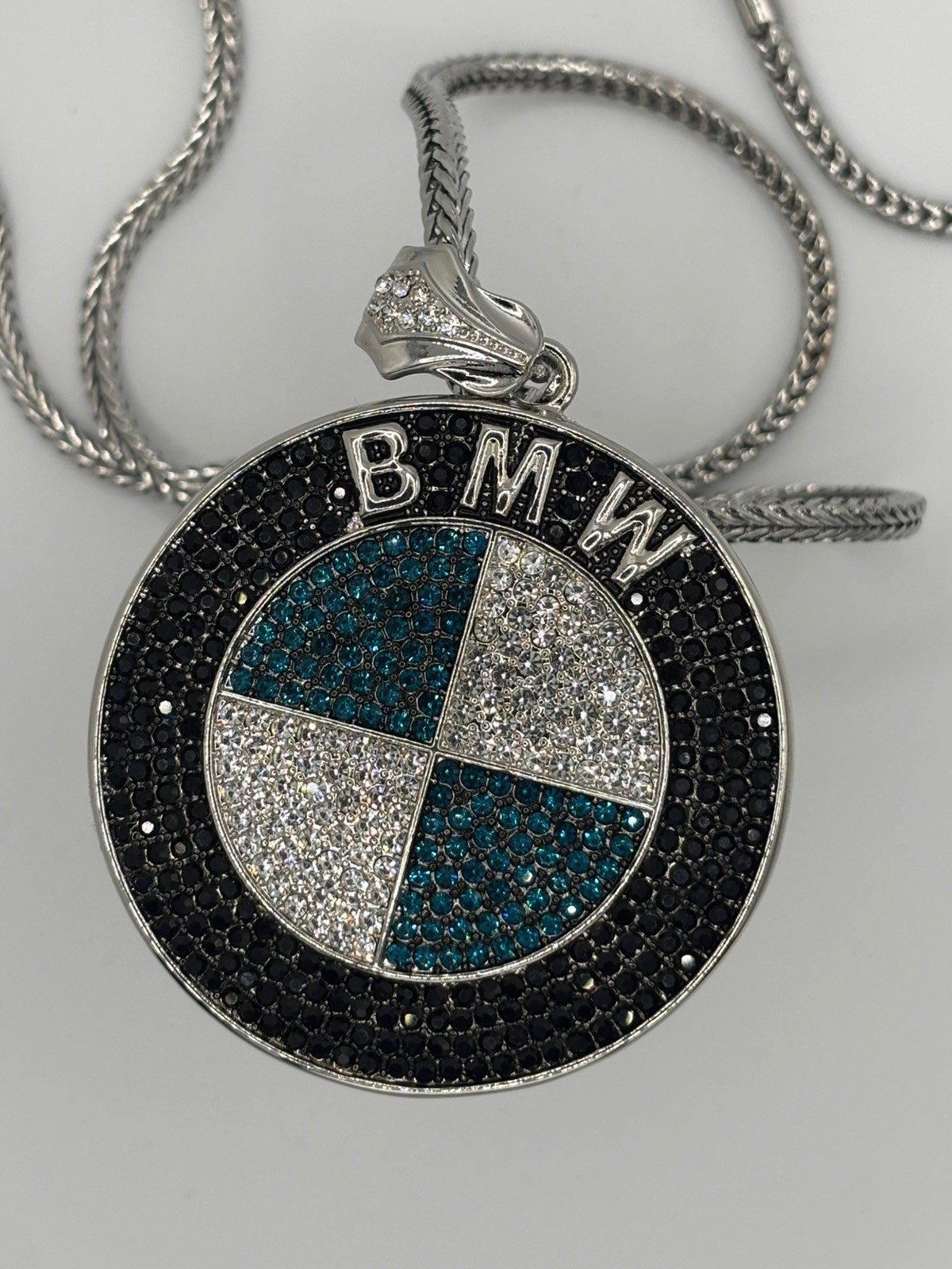 ICED XL Heavy Silver BMW Pendant & Chain Necklace Chunky Hip-Hop 3″ BLING ICE