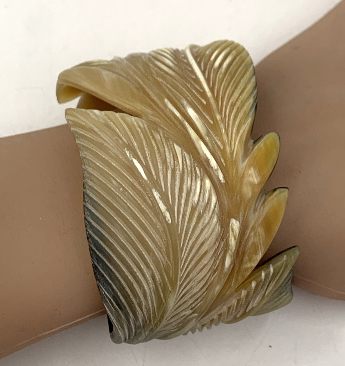 Vintage CARVED LEAF Buffalo Horn Bangle Cuff Bracelet