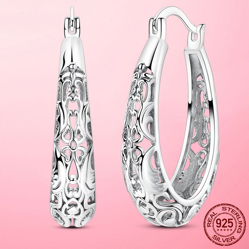 LAZA European 925 Sterling Silver Hoop Earrings Hollow Flower for Women Jewelry