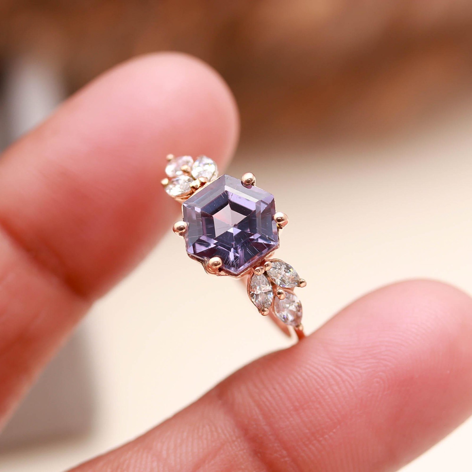 Color Changing Alexandrite Hexagon Ring Rose Gold Plated Solid Silver Jewelry