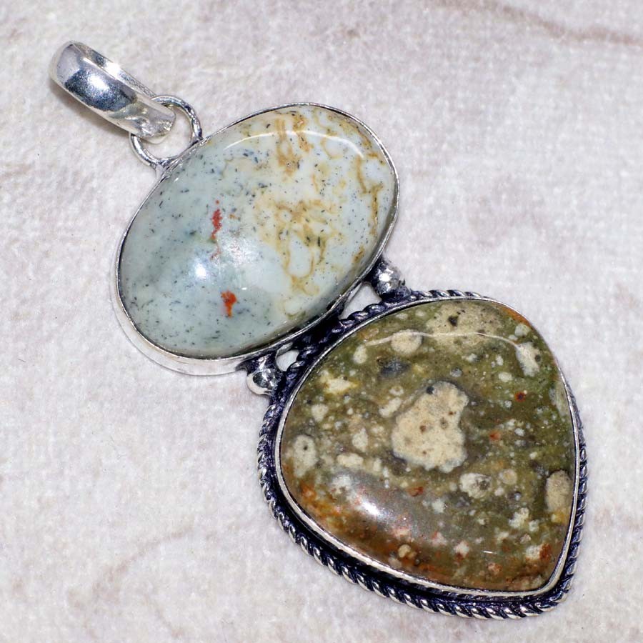 925 Silver Plated Long Picture Jasper Pendant 2.3″ Best Friend Gift Trendy JW