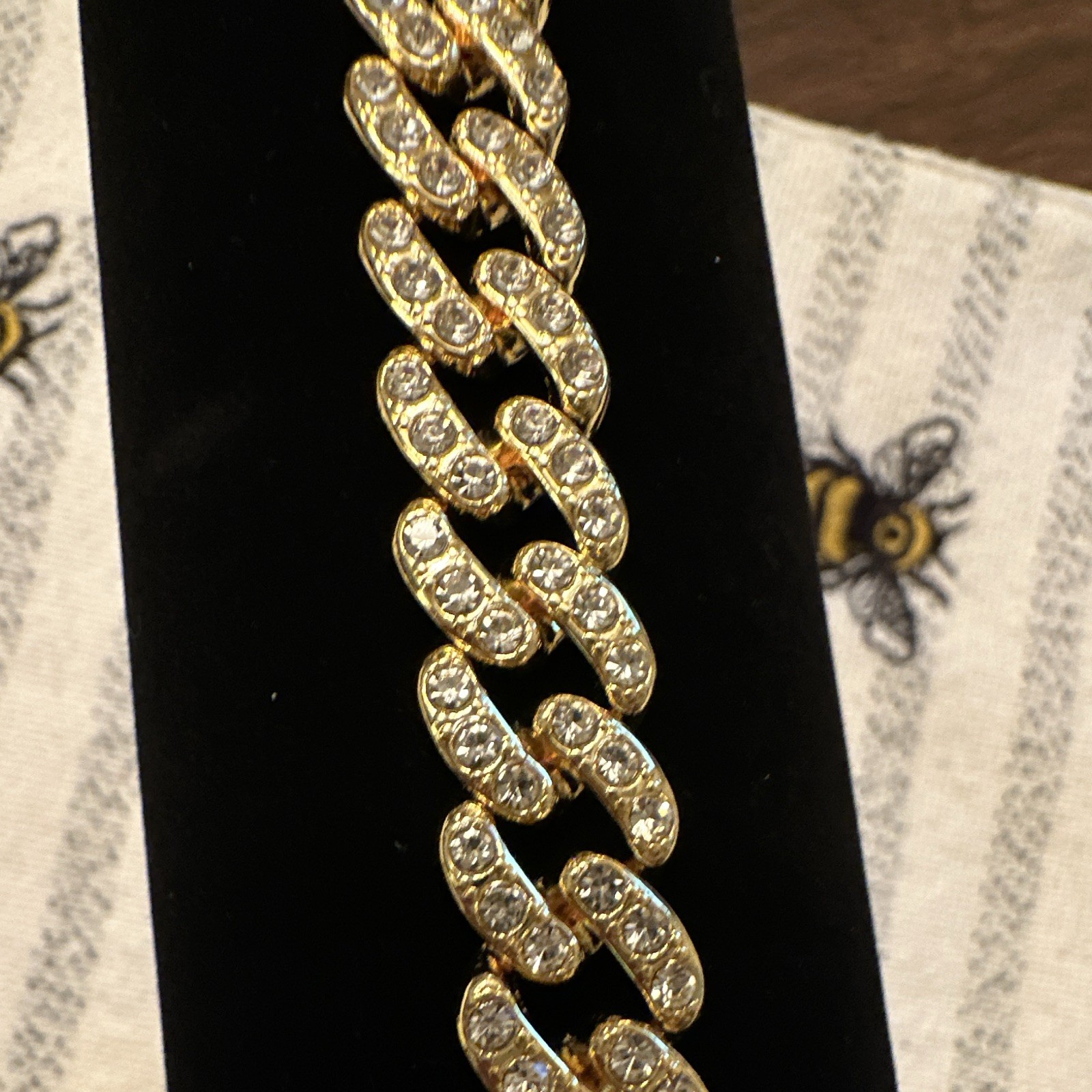 Gold Tone Cuban Link Chain Bracelet Pavé Clear Rhinestones Box Clasp
