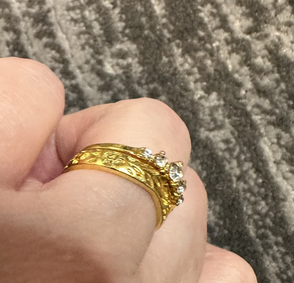 Ring Set CZ Stackable Sz 8 Eternity Band Gold Plated Engraved Flowers 2 pcs New
