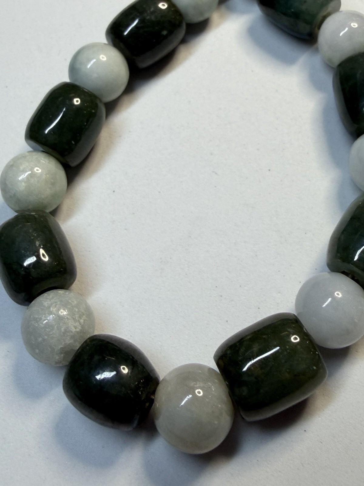 Vintage Natural Green Nephrite Jade & Agate Barrel Bead Toggle Bracelet 19.5cm