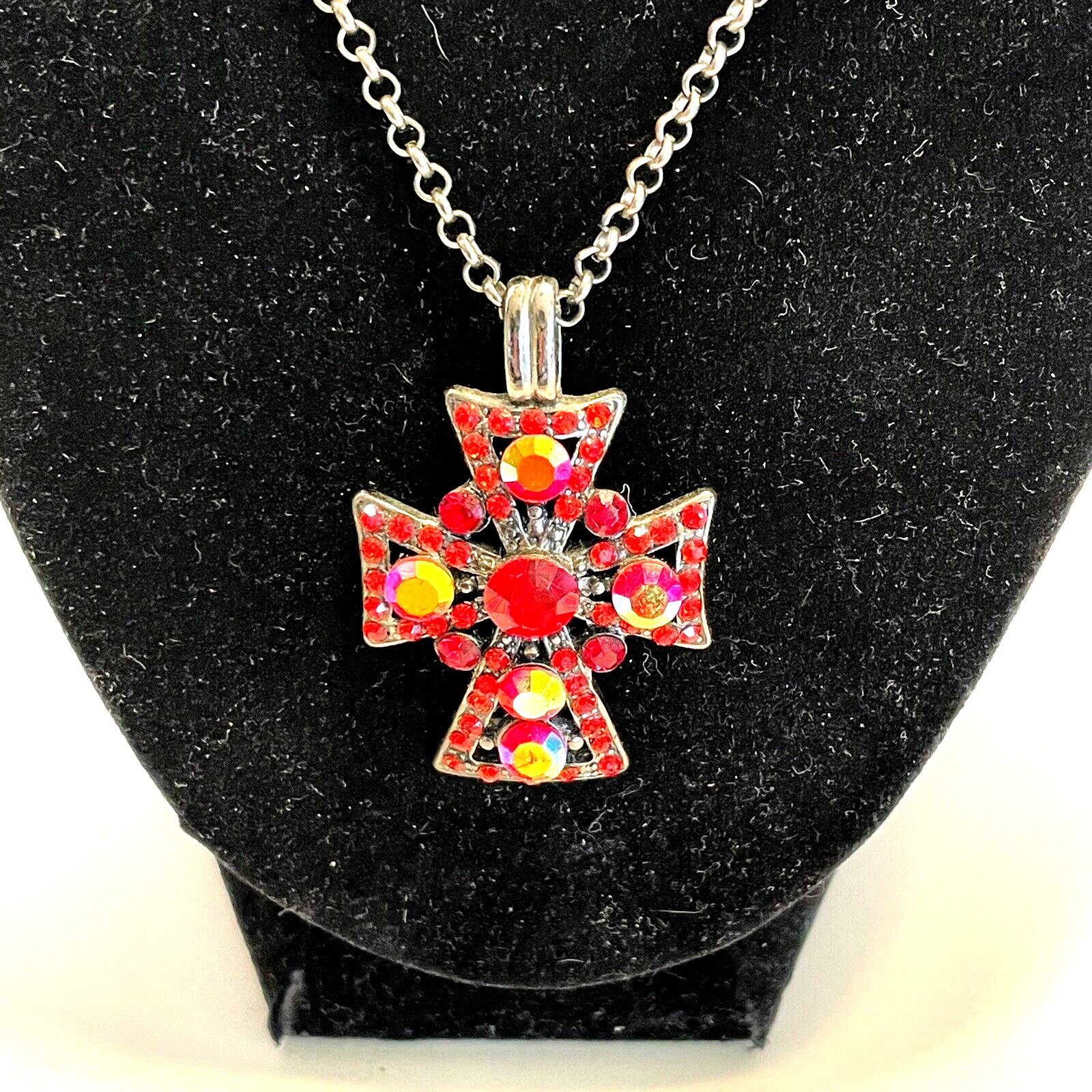 Cross Necklace and Dangle Earring Set Red Aurora Borealis Rhinestones