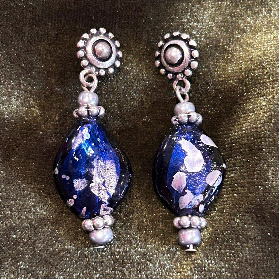Blue Glass Oval Bead Dangle Drop Hook Earrings Silver Tone For Lobe