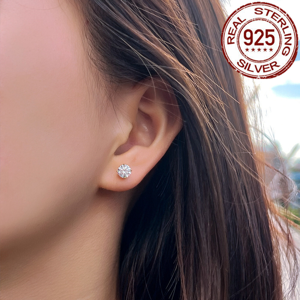 Gold Plated 925 Silver Filled Round Cubic Zirconia Screwback Stud Earrings Women