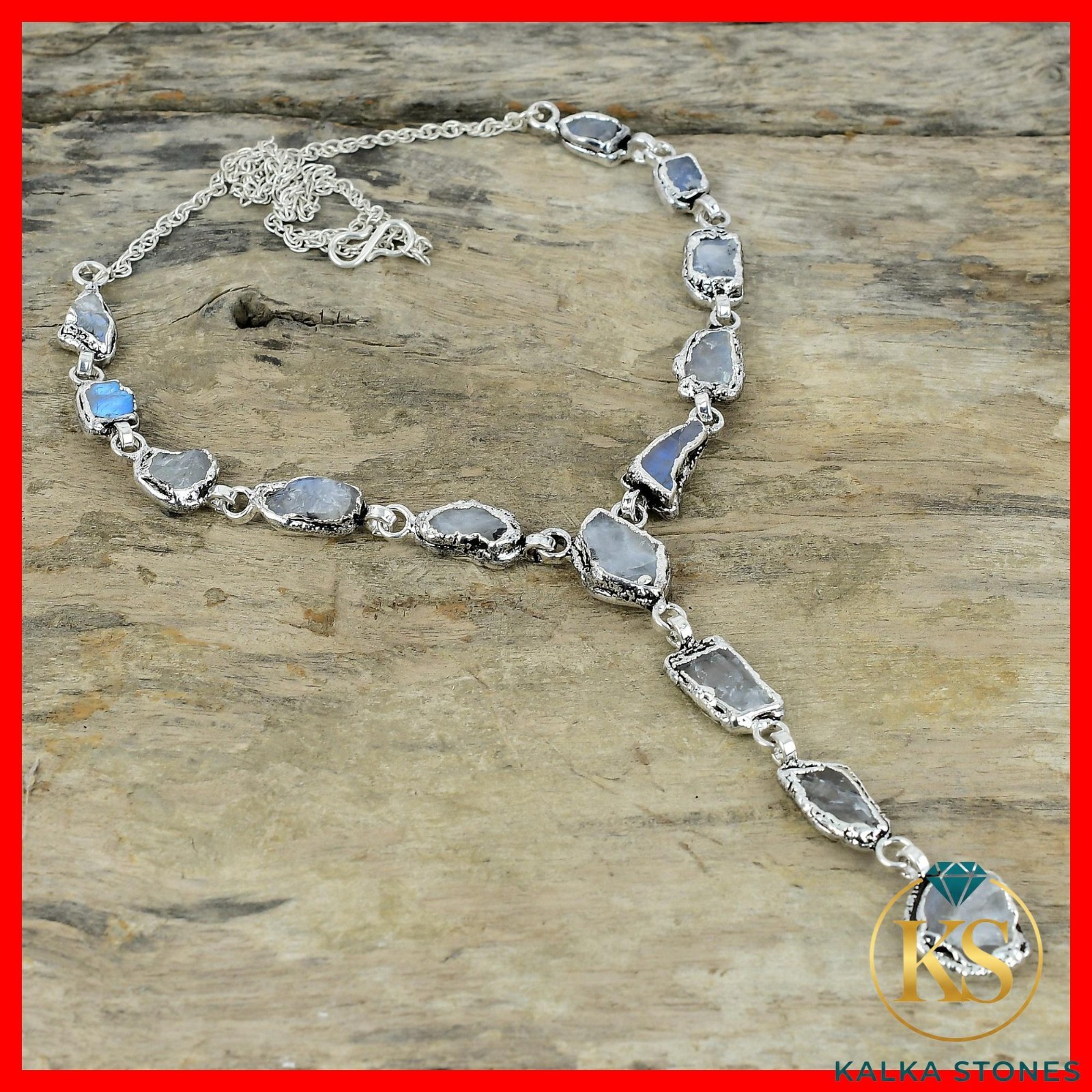Copper Rainbow Moonstone Rough Stone Chain Handcrafted Bezel Necklace Jewelry