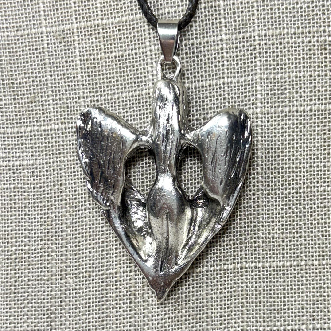 Winged Fairy Pendant Necklace Silver Tone Nude Lady Faux Leather Cord Brutalist