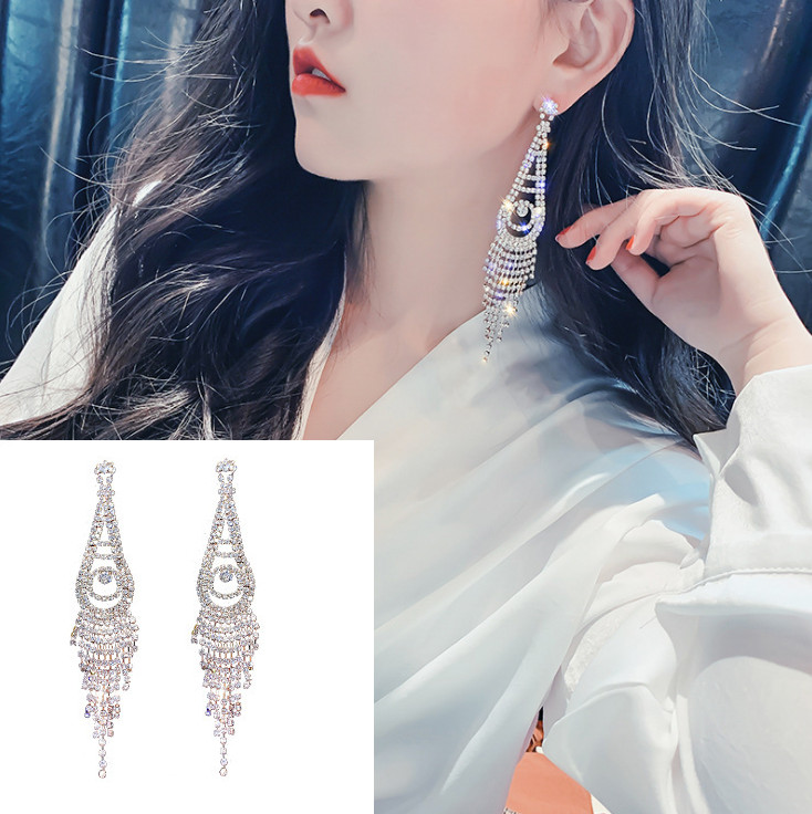 Long 5.5″ Silver Crystal Rhinestone Chandelier Earrings Tassel Dangle Sparkly AZ
