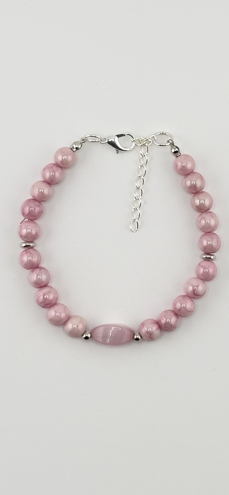 Pink Round Beaded Cable Chain Bracelet Less Than 8in Adjustable Lobster Silver