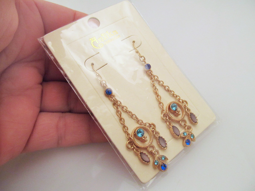 *NEW Gold Tone Chandelier Drop Pierced Earrings Blue Crystals by Antika