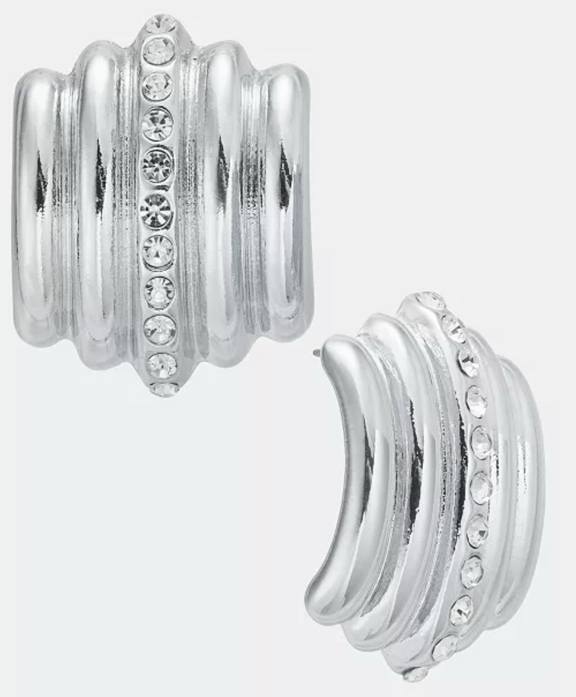 Silver Tone C-Shaped Hoop Earrings Clear Pavé Round Crystal Accents Stackable